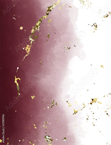 Dark burgundy, wine color watercolor and gold foil background. Dark red luxury background.