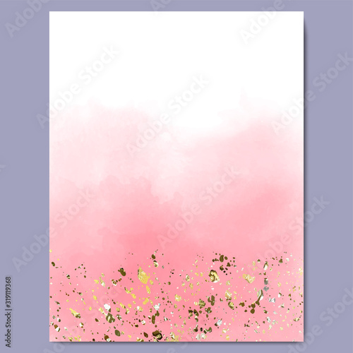 Pink water-colour and golden Beautiful background. Golden light decoration. Abstract, watercolor.