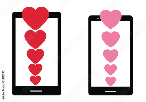 Two smartphones and chains of hearts, romantic icon with Valentine's day. Poster with declaration of love. Festive modern postcard. Minimalistic vector illustration. 
