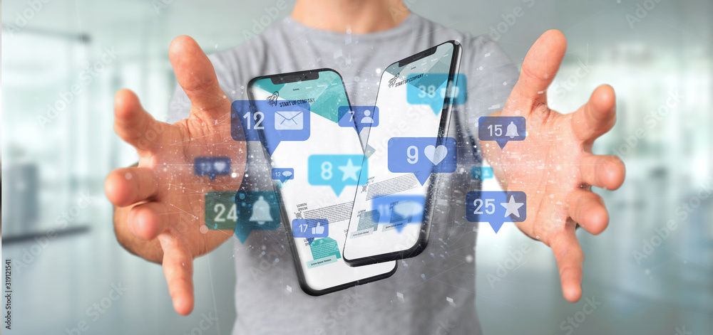Businessman holding Social network notifications - 3d rendering Businessman holding Social network notifications - 3d rendering
