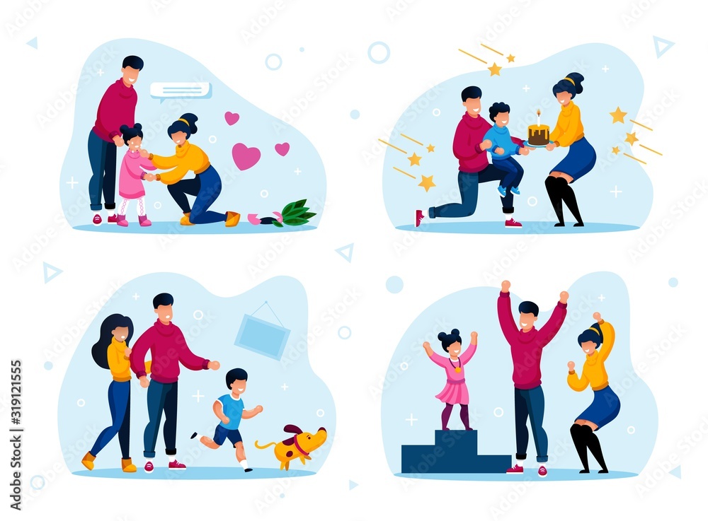 Fototapeta premium Family Life Happy Moments Trendy Flat Vector Concepts Set. Parents Calming Down Crying and Worried Child, Greeting Kid with Birthday, Playing with Dog, Celebrating Sport Victory Isolated Illustration