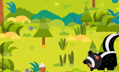 cartoon forest scene with wild animal skunk illustration for children