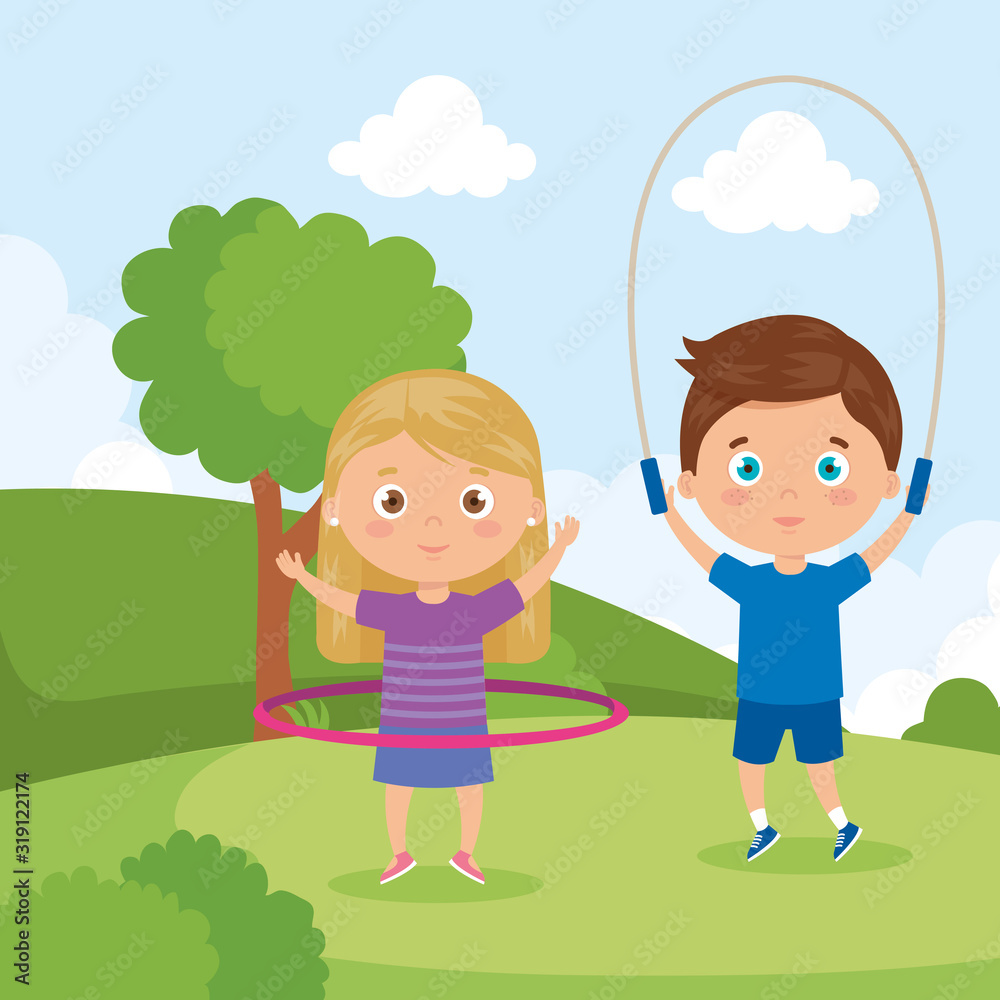 little children with jump rope and hula hula in park landscape vector illustration design