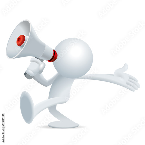 Cute little yellow Sim man walking left and making announcement with speaker