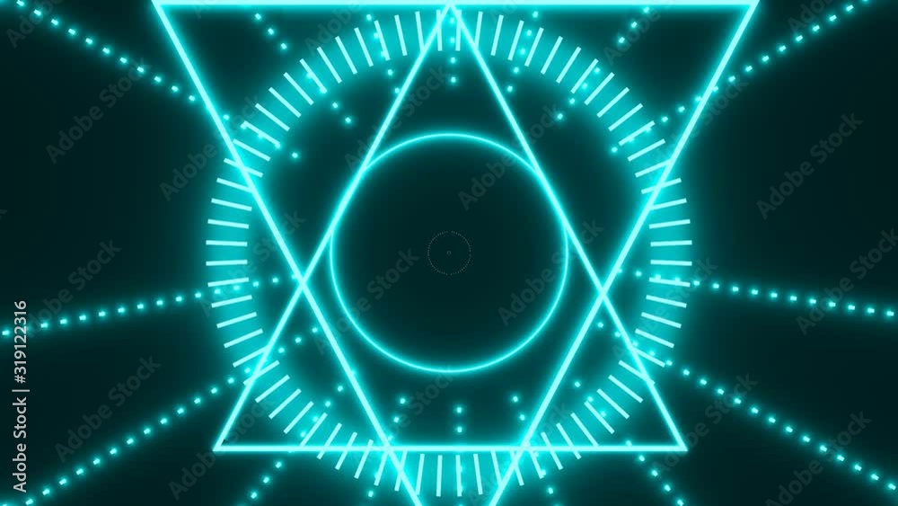 Animated mystery, witchcraft, occult and alchemy sign. Spin of the mystical vintage gothic geometry thin lines symbol. Neon shine illumination