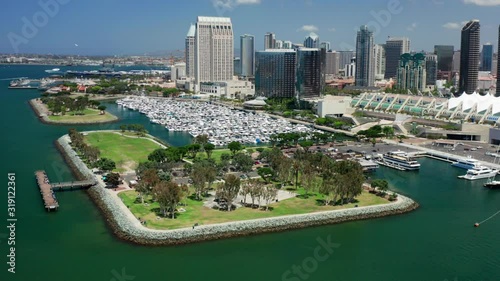 Aerial drone footage of the Embarcadero and the San Diego bay on a sunny afternoon in California. 
