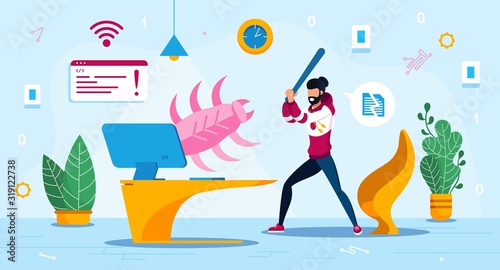 Computer Virus Threat Trendy Flat Vector Concept. Man, Male Computer User Fighting with Dangerous Malicious Software, Beating with Bat Dangerous Bug or Internet Worm Jump Up from Screen Illustration