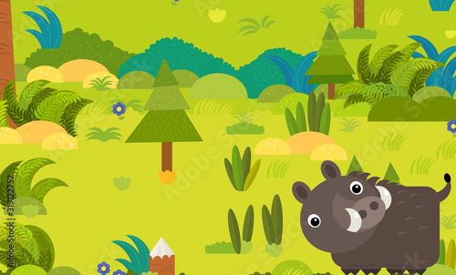 cartoon forest scene with wild animal boar illustration for children
