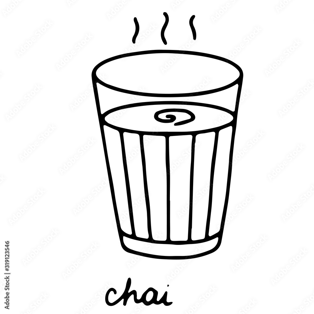 Hand drawn isolated indian tea icon. Black outline the glass of indian chai masala. Stock Vector