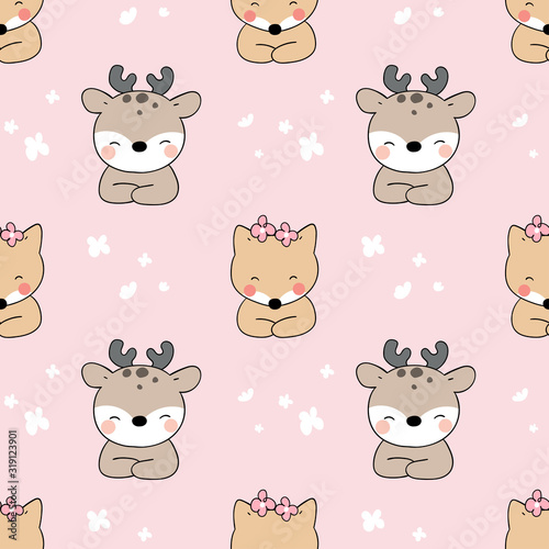 Seamless pattern deer and fox on pink pastel.