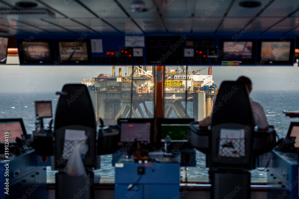 Anchor handler vessel Siem Amethyst bridge view at oil rig Transocean Prospect during an offshore job in the North Sea May 2015