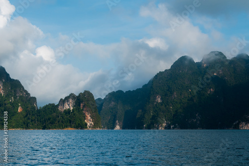 Magical landscape with limestone mountain and lake