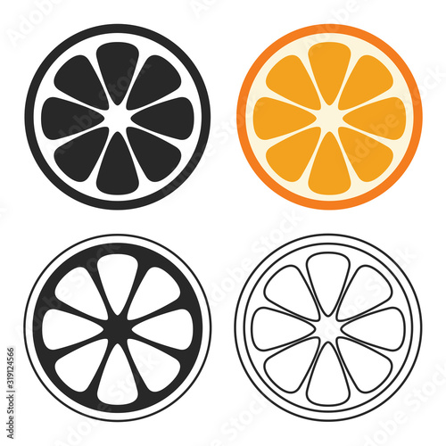 Citrus icons. Citrus fruit icons in different styles. Cut in half the fruit in color and monochrome version. Vector illustration for design and web.