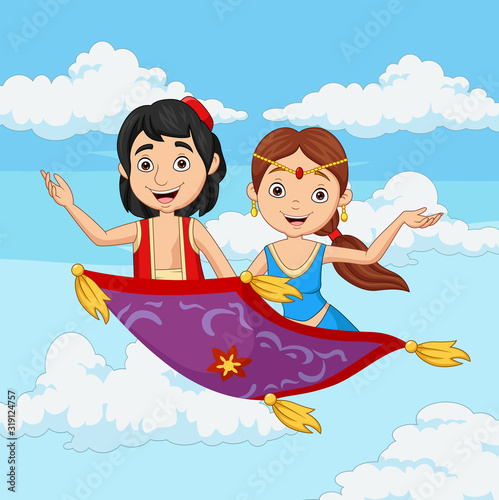 Fényképezés Cartoon aladdin and jasmine travelling on flying carpet