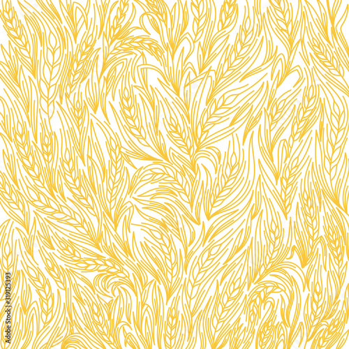 Cereal bread pattern background. Ears of wheat wrapper. Agriculture straw. Orange contour line vector.