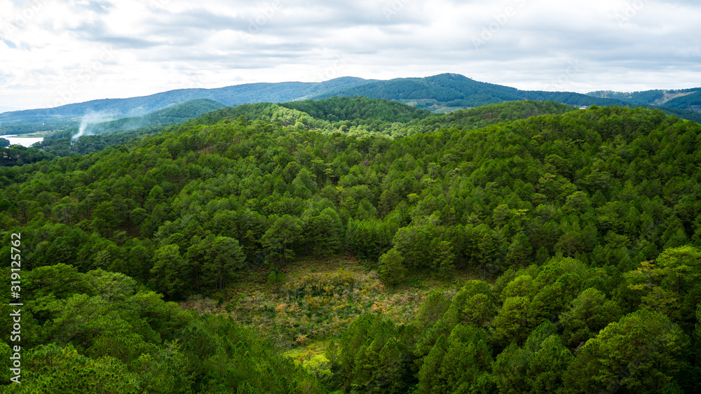 Fototapeta premium Mountain landscapes covered with forests up to the horizon in the city of Dalat in Vietnam.