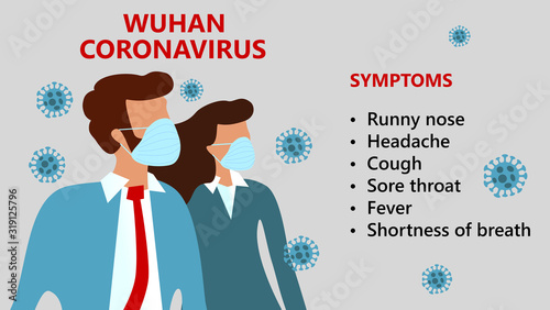 Symptoms of Wuhan Novel coronavirus (2019-nCoV),  woman and man in suit with blue medical face mask. Concept of coronavirus quarantine