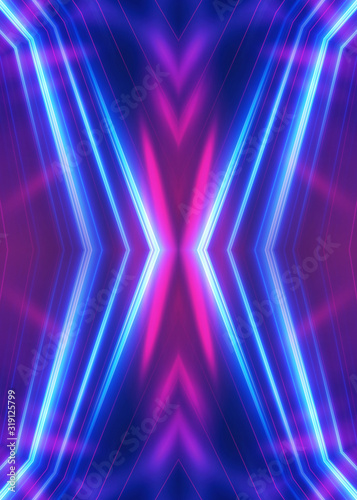 Dark abstract futuristic background. Neon glow, light lines, shapes. UV light.