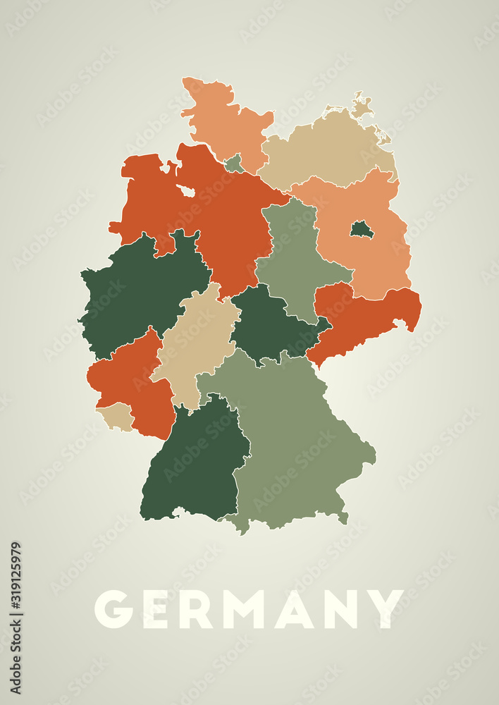 Germany poster in retro style. Map of the country with regions in autumn color palette. Shape of Germany with country name. Artistic vector illustration.
