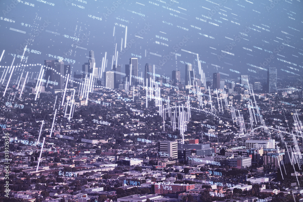 Forex chart on cityscape with skyscrapers wallpaper double exposure. Financial research concept. Forex chart on cityscape with skyscrapers wallpaper double exposure. Financial research concept.