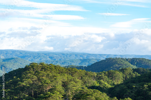 Mountain landscapes covered with forests up to the horizon in the city of Dalat in Vietnam.