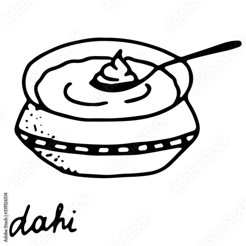 Hand drawn isolated indian food icon. Black outline illustration of indian dish. Indian yogurt dahi.