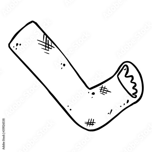 Broken leg cast doodle. Injured limb in gypsum plaster. Media glyph graphic symbol