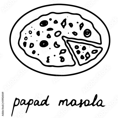 Hand drawn isolated indian food icon. Black outline illustration of indian dish. Papad masala icon. 