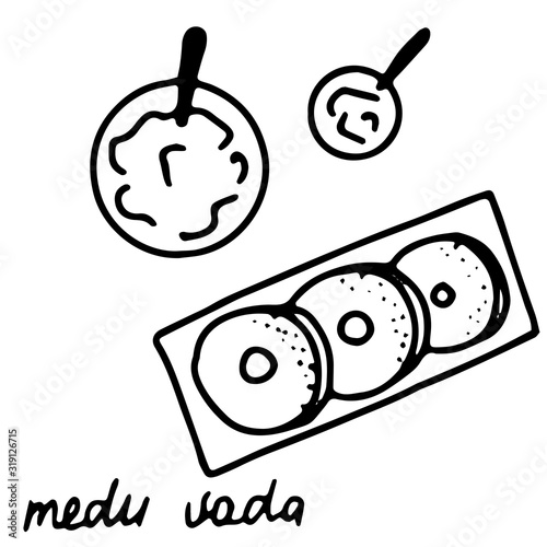 Hand drawn isolated indian food icon. Black outline illustration of indian dish. Indian wada icon. 