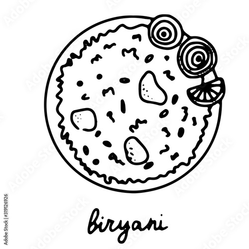 Hand drawn isolated indian food icon. Black outline illustration of indian dish. Indian biryani rice plate. Mixed rice dish.
