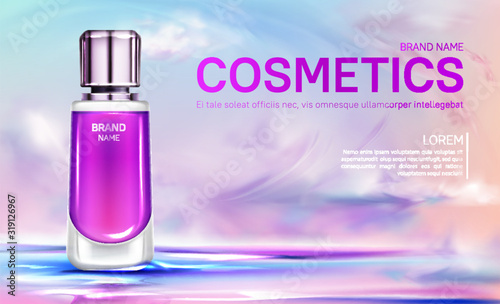 Cosmetics bottle on cloudy sky background, beauty product banner mock up, glass tube with pink liquid at sunrise heaven. Perfume, serum cosmetic advertising template. Realistic 3d vector illustration