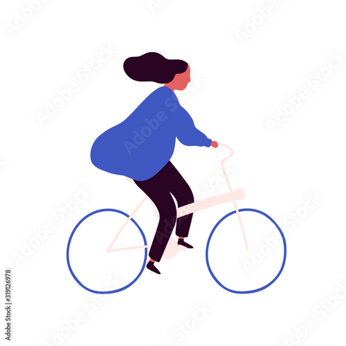 Carefree cartoon woman bicyclist with waving hair vector flat illustration