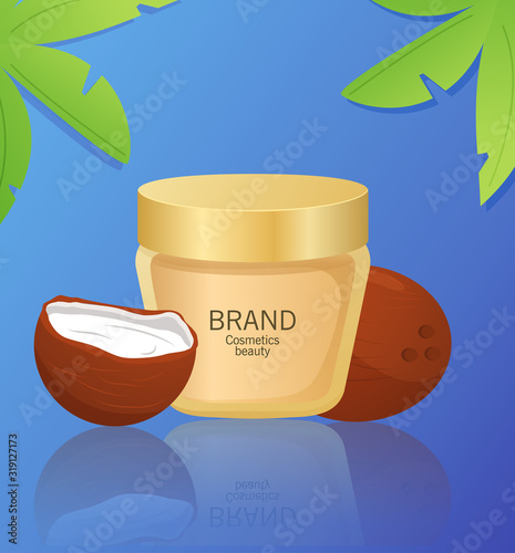 Moisturizing cream with coconut oil .Design   cosmetic package.Organic coco milk body lotion.Tropical repair masque.Cosmetology banner concept for spa salon palm leaves..