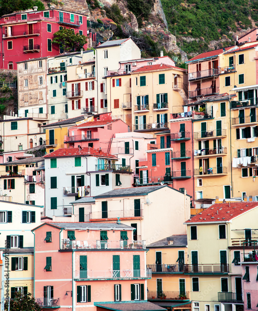 Beautiful texture of colored houses in Manarolа, Cinque Terre, Liguria, Italy, Europe