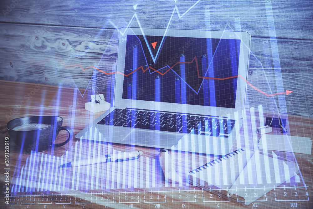 Multi exposure of forex graph and work space with computer. Concept of international online trading. Multi exposure of forex graph and work space with computer. Concept of international online trading.
