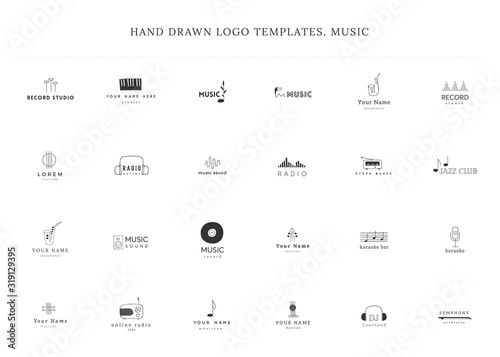 Set of hand drawn vector logo templates. Music and sound record elements.