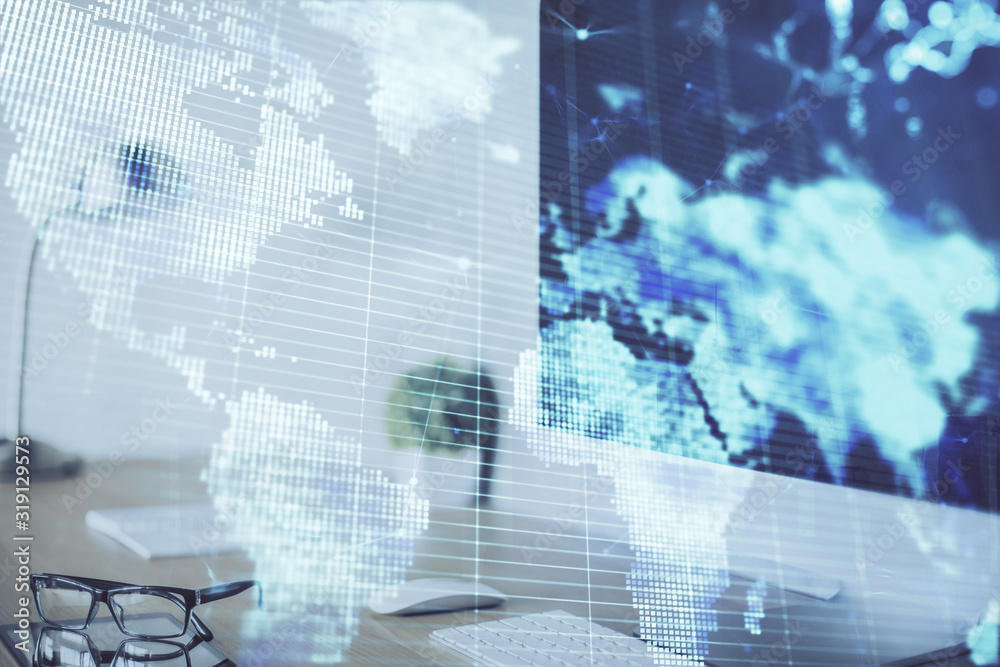 Multi exposure of business theme icons and work space with computer background. Concept of success.