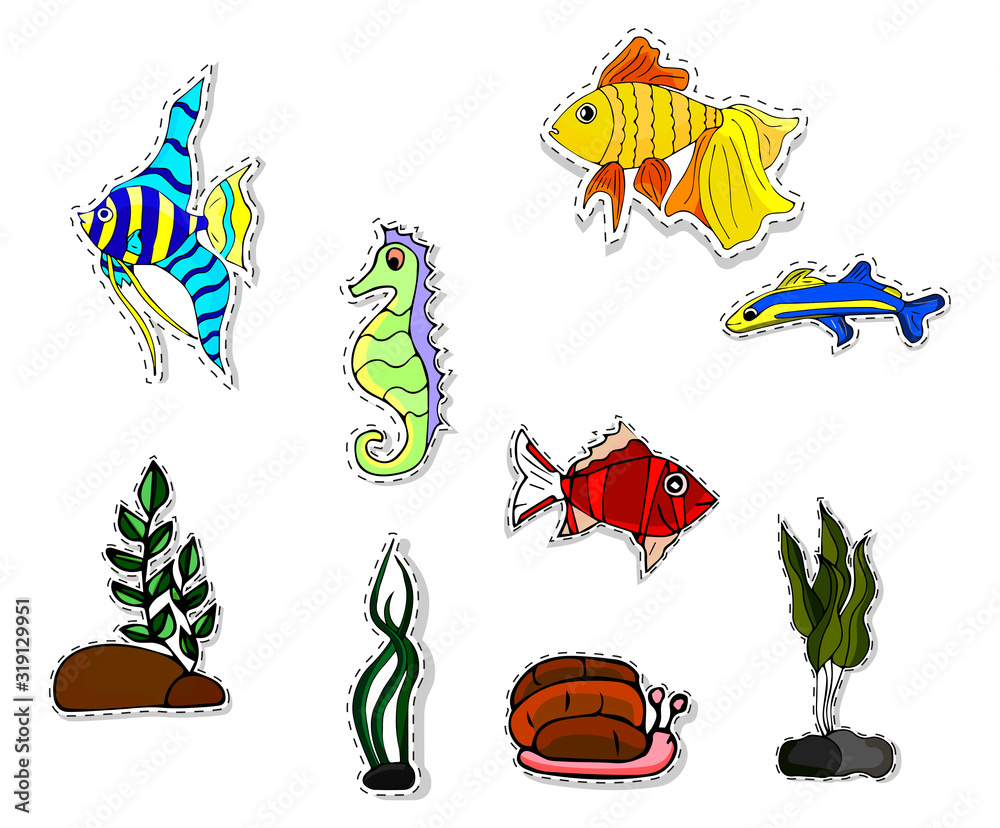 Fototapeta premium Set of five aquarium fish. Bright colorful flat fish. Illustrations for children's books and encyclopedias.
