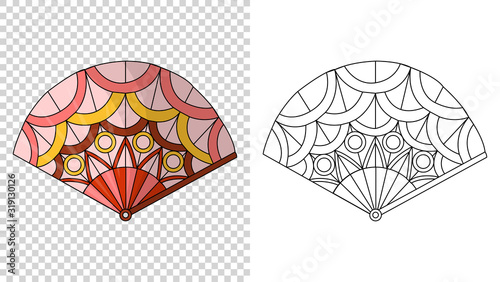 Asian fans. Colored hand traditional fan isolated on transparent background, paper folding painting vector fan in web style. Decorative whisker for man and woman. And sketch style