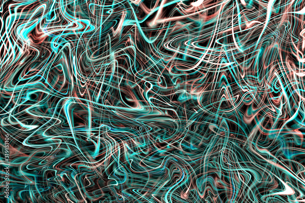 Chaotic metallic copper & turquoise lines background. Multicolored abstract art. Luminous glass and 3D layered effect. Vibrant digital illustration with flowing lines and curves.