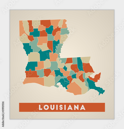 Louisiana poster. Map of the US state with colorful regions. Shape of Louisiana with US state name. Vibrant vector illustration.