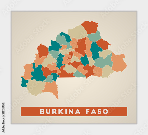 Burkina Faso poster. Map of the country with colorful regions. Shape of Burkina Faso with country name. Trendy vector illustration.