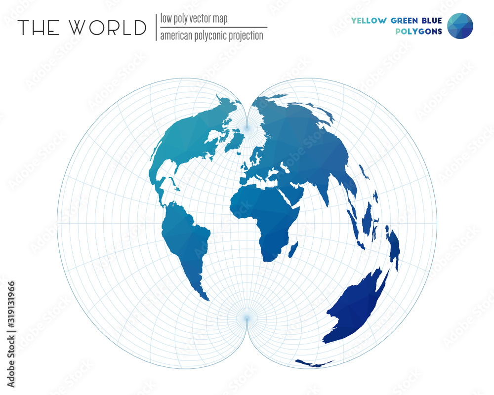 Abstract geometric world map. American polyconic projection of the world. Yellow, green, and blue colored polygons. Modern vector illustration. Abstract geometric world map. American polyconic projection of the world. Yellow, green, and blue colored polygons. Modern vector illustration.