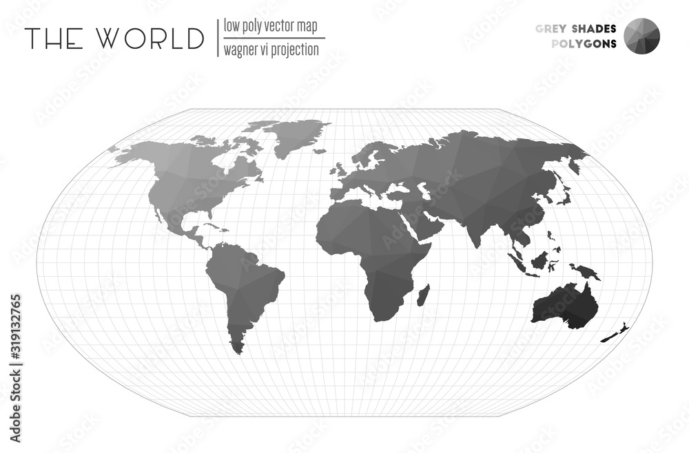 Low poly design of the world. Wagner VI projection of the world. Grey shades colored polygons. Beautiful vector illustration. Low poly design of the world. Wagner VI projection of the world. Grey shades colored polygons. Beautiful vector illustration.