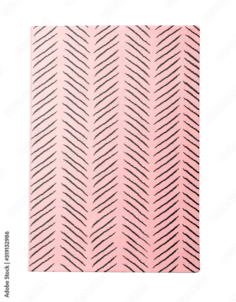 Stylish pink notebook isolated on white, top view