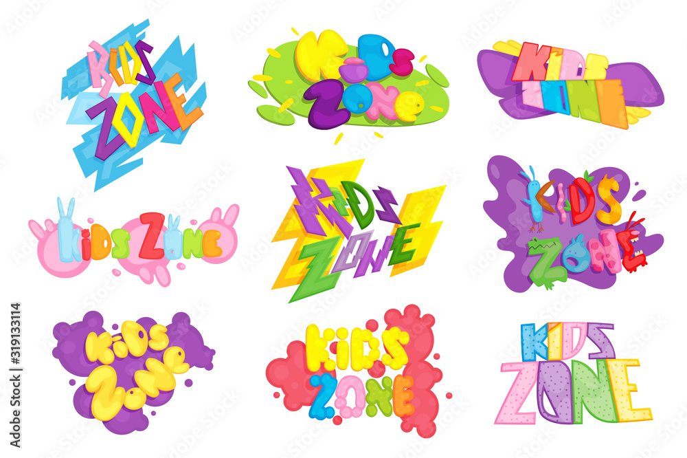 Kids zone colorful banner. Poster for children playroom. Bright decoration for childish playground. Colorful letters for children playroom decoration. Inscription on isolated background