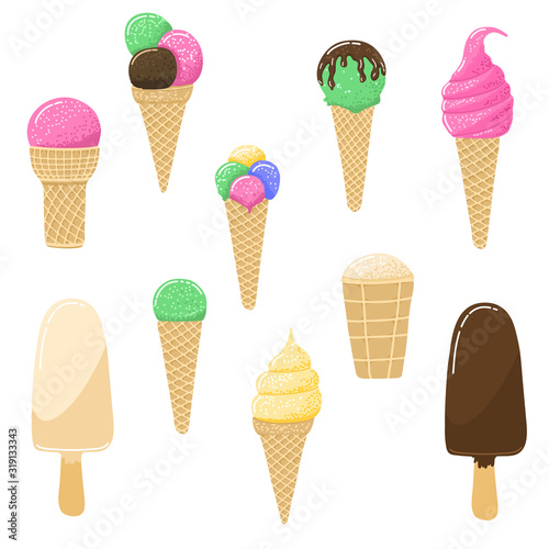 Hand-drawn strawberry, chocolate, vanilla, pistachio ice cream in a waffle cup, cone and popsicle . Flat vector illustration. EPS 10