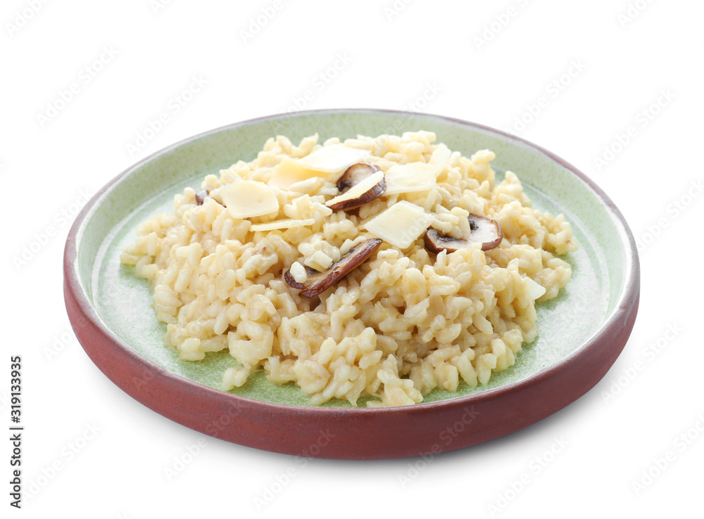 Delicious risotto with cheese and mushrooms isolated on white Delicious risotto with cheese and mushrooms isolated on white