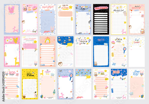 Collection of weekly or daily planner, note paper, to do list, stickers templates decorated by cute love illustrations and inspirational quote. School scheduler and organizer. Flat vector