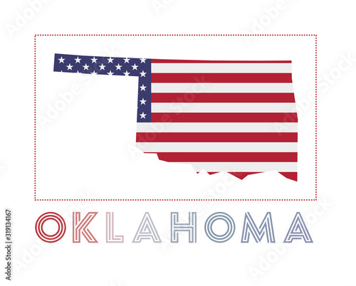 Oklahoma Logo. Map of Oklahoma with us state name and flag. Creative vector illustration.
